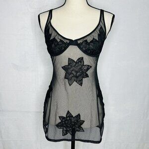 Victoria’s Secret Black Fishnet Mesh Floral Lace Chemise Lingerie Sexy Sz 34B